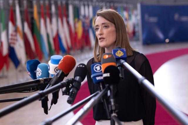 President of the European Parliament Roberta Metsola speaks to journalists as she arrives for a EU Summit at the EU headquarters in Brussels, on March 19, 2026. European Union leaders meet in the context of the US-Israeli war against Iran that is consuming the Middle East, and its consequences on energy prices and security. (Photo by JOHN THYS / AFP)