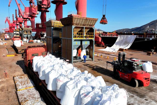 Fertilizer is unloaded from a ship at the port in Lianyungang, in China’s eastern Jiangsu province on March 19, 2026. (Photo by CN-STR / AFP) / China OUT