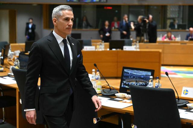 Bulgaria Caretaker Prime Minister Andrey Gurov arrives at a rountable during the EU Summit at the EU headquarters in Brussels, on March 19, 2026. European Union leaders meet in the context of the US-Israeli war against Iran that is consuming the Middle East, and its consequences on energy prices and security. (Photo by NICOLAS TUCAT / AFP)
