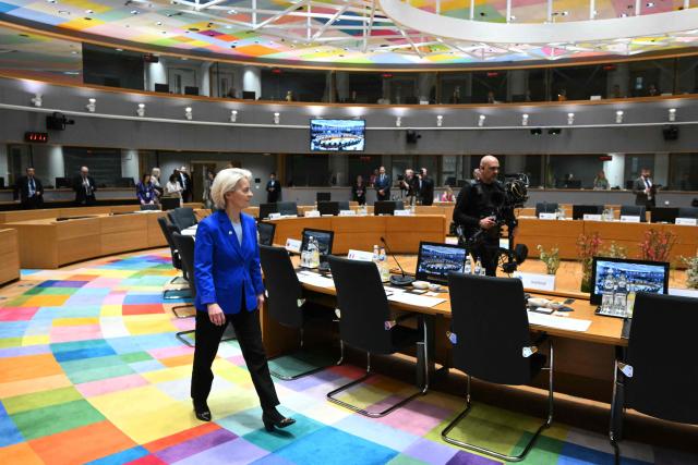 European Commission President Ursula von der Leyen arrives at a rountable during the EU Summit at the EU headquarters in Brussels, on March 19, 2026. European Union leaders meet in the context of the US-Israeli war against Iran that is consuming the Middle East, and its consequences on energy prices and security. (Photo by NICOLAS TUCAT / AFP)