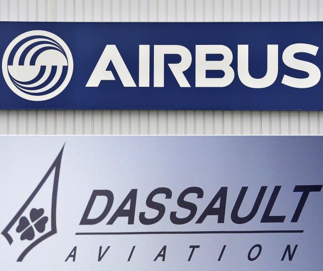 (FILES/COMBO) This combination of file photographs created on April 25, 2018, shows (TOP) the logo of the civil aircraft manufacturing company Airbus at the entrance of the Airbus facility in Bouguenais, western France on March 20, 2017, and (BOTTOM) the logo of French group Dassault Aviation during the presentation of the group's 2016 results at Saint-Cloud, near Paris on March 8, 2017. France's President Emmanuel Macron on March 19, 2026, has announced a “reconciliation mission” aimed at trying to bring Airbus and Dassault back together, as they remain at odds over the European combat aircraft project, the FCAS. (Photo by LOIC VENANCE and Eric PIERMONT / AFP)