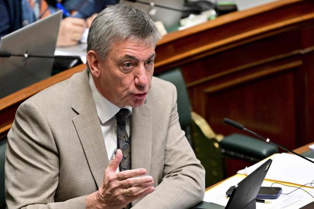 Belgium's vice-prime minister and minister of Finance, Combating Tax Fraud, Pensions, National Lottery and Cultural Institutions Jan Jambon speaks during a plenary session of the Chamber at the Federal Parliament in Brussels on March 19, 2026. (Photo by DIRK WAEM / Belga / AFP) / Belgium OUT
