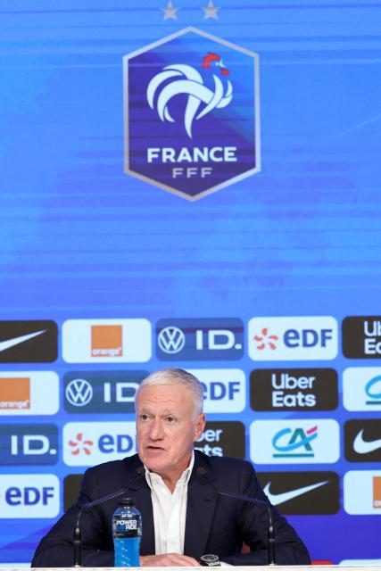 France's national football team head coach Didier Deschamps announces the squad for Brazil and Colombia friendlies during a press conference at the French Football Federation (FFF) headquarters in Paris on March 18, 2026. (Photo by FRANCK FIFE / AFP)