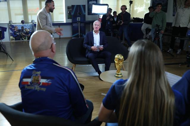 France's national football team head coach Didier Deschamps speaks in a TF1 television channel broadcasting program after announcing in a press conference, the squad for Brazil and Colombia friendly matches, at the French Football Federation (FFF) headquarters in Paris on March 19, 2026. (Photo by FRANCK FIFE / AFP)