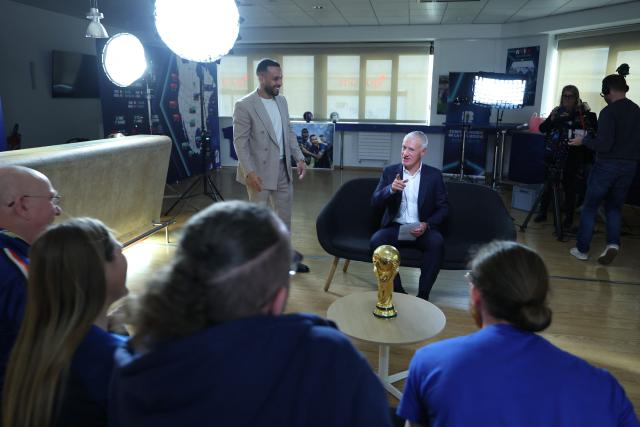 France's national football team head coach Didier Deschamps speaks in a TF1 television channel broadcasting program after announcing in a press conference, the squad for Brazil and Colombia friendly matches, at the French Football Federation (FFF) headquarters in Paris on March 19, 2026. (Photo by FRANCK FIFE / AFP)