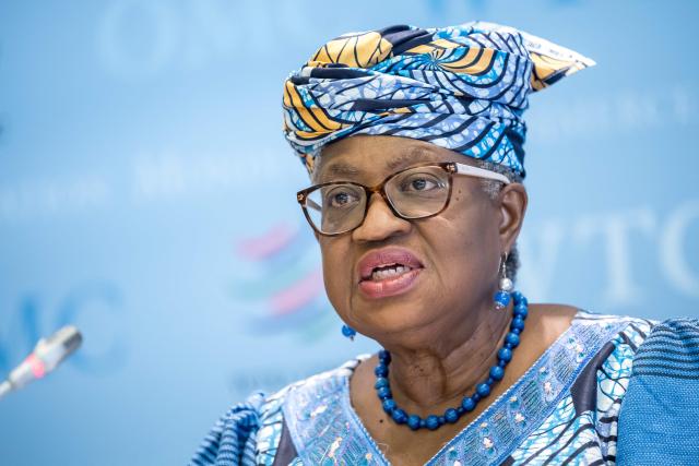 World Trade Organization (WTO) Director-General Ngozi Okonjo-Iweala speaks during the launch of the global trade outlook at the WTO headquarters in Geneva on March 19, 2026. (Photo by Fabrice COFFRINI / AFP)