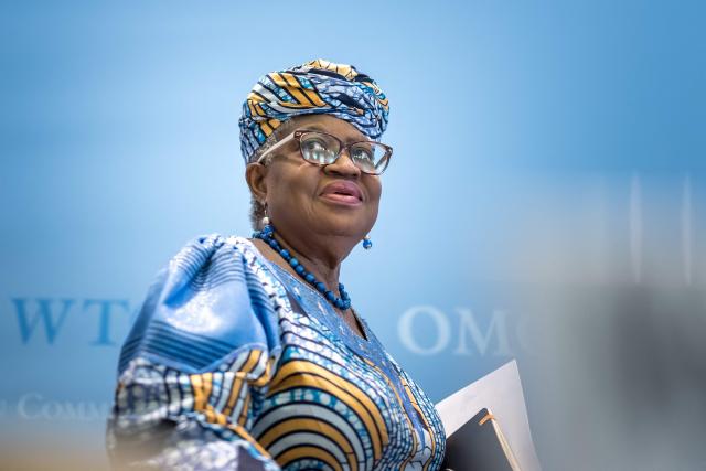 World Trade Organization (WTO) Director-General Ngozi Okonjo-Iweala looks on as she arrives to the launch of the global trade outlook at the WTO headquarters in Geneva on March 19, 2026. (Photo by Fabrice COFFRINI / AFP)