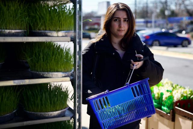 A woman shops for Sabzeh, a type of wheat grass that is a key item for Nowruz Haft-Sin tables, at Yekta Market, an Iranian grocery store in Rockville, Maryland, on March 18, 2026, ahead of Nowruz, the Persian New Year. Iranian families in the Washington, DC, area are trying to maintain cultural traditions while following the news of the ongoing conflict in Iran. From specialty Persian markets to community gatherings, preparations continue with a mix of resilience and concern, as the diaspora balances celebration with anxiety for loved ones in a country facing escalating violence. (Photo by Amid FARAHI / AFP)