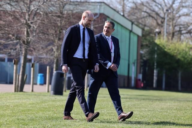 Britain's Prince William, Prince of Wales chats with principal Mark Avoth (R) during a visit to the Bourne Academy, a co-educational state-funded secondary school and sixth form in Bournemouth, southern England on March 19, 2026, to hear about pioneering youth schemes, supported by the Homewards programme, which work to stop homelessness. (Photo by Adrian Dennis / POOL / AFP)