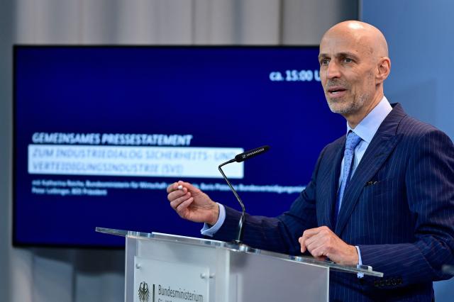 Peter Leibinger, President of the Federation of German Industries (BDI) addresses a press conference on security and defence industry issues at the Ministry for Economic Affairs and Energy in Berlin on March 19, 2026. (Photo by John MACDOUGALL / AFP)