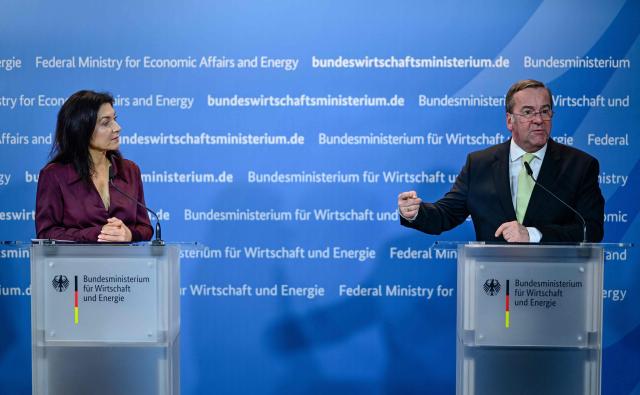 German Economy and Energy Minister Katherina Reiche (L) and German Defence Minister Boris Pistorius address a press conference on security and defence industry issues at the Ministry for Economic Affairs and Energy in Berlin on March 19, 2026. (Photo by John MACDOUGALL / AFP)