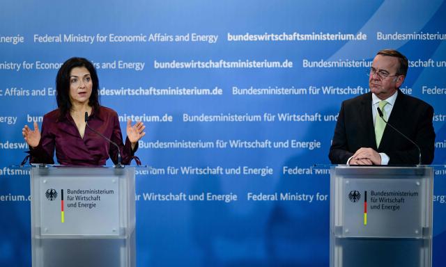German Economy and Energy Minister Katherina Reiche (L) and German Defence Minister Boris Pistorius address a press conference on security and defence industry issues at the Ministry for Economic Affairs and Energy in Berlin on March 19, 2026. (Photo by John MACDOUGALL / AFP)