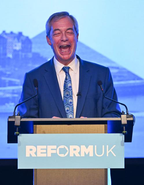 Reform UK leader Nigel Farage speaks duriung a press conference as Reform UK Scotland hosts its 2026 Scottish Conference in Bishopton, suburban Glasgow, Scotland on March 19, 2026. (Photo by ANDY BUCHANAN / AFP)