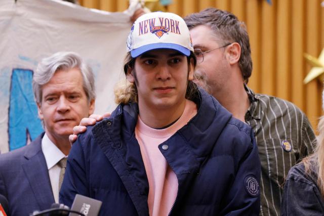Dylan Contreras, a high school student who was recently released from federal custody, arrives for a press conference at Middle Collegiate Church in New York City on March 19, 2026. Contreras, a high school student from The Bronx, was arrested by ICE at immigration court in May 2025 and was released from federal custody on March 18, 2026. (Photo by Leonardo MUNOZ / AFP)