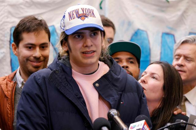 Dylan Contreras, a high school student who was recently released from federal custody, speaks during a press conference at Middle Collegiate Church in New York City on March 19, 2026. Contreras, a high school student from The Bronx, was arrested by ICE at immigration court in May 2025 and was released from federal custody on March 18, 2026. (Photo by Leonardo MUNOZ / AFP)
