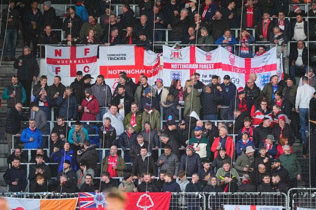 Nottingham Forest's fans cheer for their team prior to the start of the UEFA Europa League football match, last 16 second leg, between FC Midtjylland and Nottingham Forest in Herning, Denmark on March 19, 2026. (Photo by Bo Amstrup / Ritzau Scanpix / AFP) / Denmark OUT