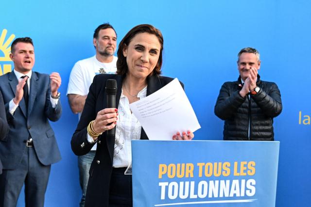 Far-right Rassemblement National (RN) Member of Parliament and Toulon mayoral candidate Laure Lavalette reacts as she gives a speech during a campaign meeting in Toulon, southeastern France, on March 19, 2026, ahead of the second round of the municipal elections. French voters are scheduled to head to the polls on March 22, 2026. (Photo by Miguel MEDINA / AFP)