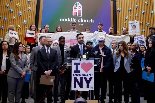 Mayor of New York Zohran Mamdani speaks next to Dylan Contreras, a high school student who was recently released from federal custody, during a press conference at Middle Collegiate Church in New York City on March 19, 2026. Democrats and activists on March 19 celebrated the release of a US high school student from Venezuela who spent 10 months in custody after his arrest by immigration officials enforcing President Donald Trump's mass deportation plans. Dylan Contreras, 21, was detained last May after attending an immigration hearing at a New York City court and then transferred to a detention facility in Pennsylvania, sparking a widespread backlash. (Photo by Leonardo Munoz / AFP)
