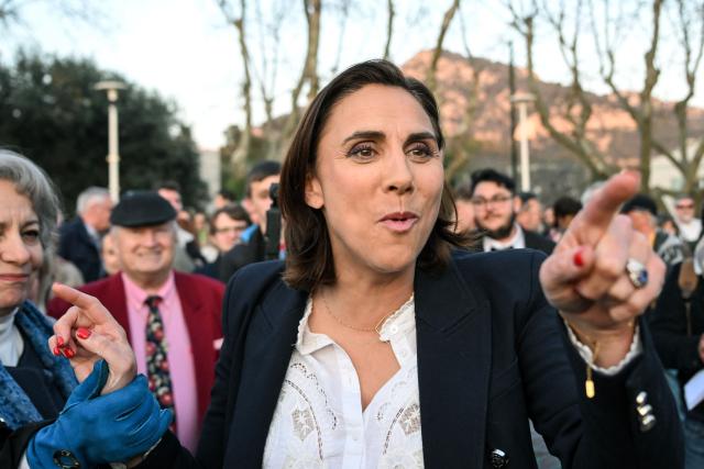 Far-right Rassemblement National (RN) Member of Parliament and Toulon mayoral candidate Laure Lavalette reacts after giving a speech during a campaign meeting in Toulon, southeastern France, on March 19, 2026, ahead of the second round of the municipal elections. French voters are scheduled to head to the polls on March 22, 2026. (Photo by Miguel MEDINA / AFP)