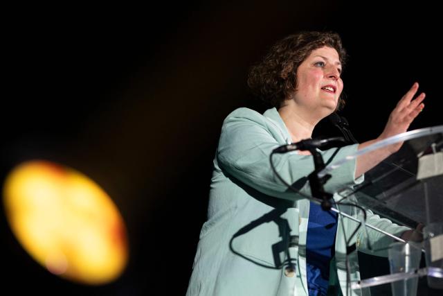 Incumbent mayor of Strasbourg and Les Ecologistes candidate for re-election Jeanne Barseghian speaks during a campaign rally in Strasbourg on March 19, 2026, ahead of the second round of France's municipal elections. Barseghian, who has fallen behind the former Socialist mayor, reached an agreement with Left-wing La France Insoumise (LFI) for the second round. (Photo by ROMEO BOETZLE / AFP)