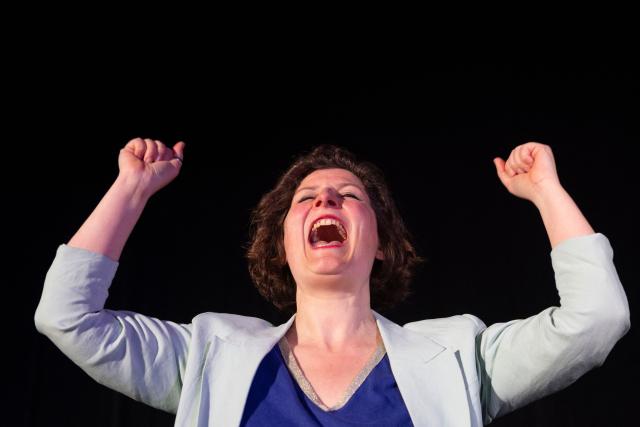 Incumbent mayor of Strasbourg and Les Ecologistes candidate for re-election Jeanne Barseghian reacts during a campaign rally in Strasbourg on March 19, 2026, ahead of the second round of France's municipal elections. Barseghian, who has fallen behind the former Socialist mayor, reached an agreement with Left-wing La France Insoumise (LFI) for the second round. (Photo by ROMEO BOETZLE / AFP)