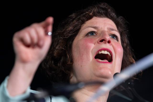 Incumbent mayor of Strasbourg and Les Ecologistes candidate for re-election Jeanne Barseghian speaks during a campaign rally in Strasbourg on March 19, 2026, ahead of the second round of France's municipal elections. Barseghian, who has fallen behind the former Socialist mayor, reached an agreement with Left-wing La France Insoumise (LFI) for the second round. (Photo by ROMEO BOETZLE / AFP)
