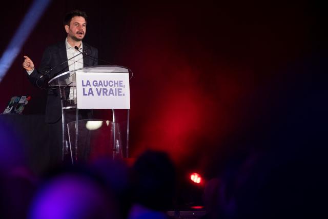 La France Insoumise (LFI) top candidate in the first round of Strasbourg's municipal election Florian Kobryn, who is now supporting incumbent mayor of Strasbourg and Les Ecologistes candidate for re-election Jeanne Barseghian in the second run, delivers a speech during a campaign rally in Strasbourg on March 19, 2026, ahead of the second round of France's municipal elections. Barseghian reached an agreement with Left-wing La France Insoumise (LFI) for the second round. (Photo by ROMEO BOETZLE / AFP)
