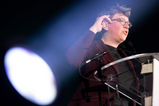 Deputy Mayor of Strasbourg in charge of inclusive city affairs, Floriane Varieras delivers a speech delivers a speech during a campaign rally in Strasbourg on March 19, 2026, ahead of the second round of France's municipal elections. (Photo by ROMEO BOETZLE / AFP)