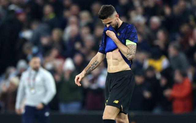 Lille's French striker #09 Olivier Giroud reacts at the final whistle during the UEFA Europa League, round of 16 second-leg football match between Aston Villa and Lille LOSC at Villa Park in Birmingham, central England on March 19, 2026. Villa won the match 2-0. (Photo by Darren Staples / AFP)