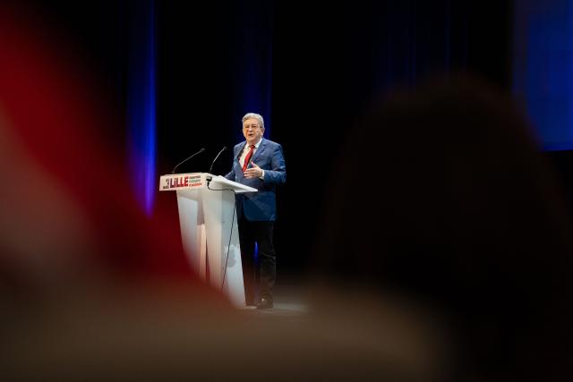 Founder of French left-wing party La France Insoumise (LFI) Jean-Luc Melenchon addresses supporters during a campaign meeting in Lille, northern France on March 19, 2026, ahead of the second round of France's 2026 municipal elections. French voters are scheduled to head to the polls for the second round of municipal elections on March 22, 2026. (Photo by Elise HOUBEN / AFP)