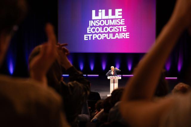 Founder of French left-wing party La France Insoumise (LFI) Jean-Luc Melenchon addresses supporters during a campaign meeting in Lille, northern France on March 19, 2026, ahead of the second round of France's 2026 municipal elections. French voters are scheduled to head to the polls for the second round of municipal elections on March 22, 2026. (Photo by Elise HOUBEN / AFP)
