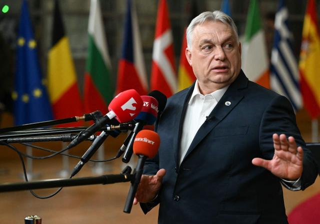 Hungary's Prime Minister Viktor Orban speaks at a press conference during the EU Summit at the EU headquarters in Brussels, on March 19, 2026. European Union leaders meet in the context of the US-Israeli war against Iran that is consuming the Middle East, and its consequences on energy prices and security. (Photo by NICOLAS TUCAT / AFP)