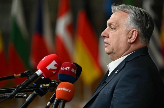 Hungary's Prime Minister Viktor Orban speaks at a press conference during the EU Summit at the EU headquarters in Brussels, on March 19, 2026. European Union leaders meet in the context of the US-Israeli war against Iran that is consuming the Middle East, and its consequences on energy prices and security. (Photo by NICOLAS TUCAT / AFP)
