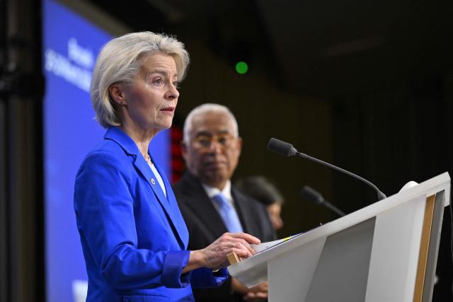 The president of the European Commission Ursula von der Leyen speaks as the president of the European Council Antonio Costa looks on at a press conference during the EU Summit at the EU headquarters in Brussels, on March 19, 2026. European Union leaders meet in the context of the US-Israeli war against Iran that is consuming the Middle East, and its consequences on energy prices and security. (Photo by JOHN THYS / AFP)