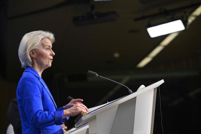 The president of the European Commission Ursula von der Leyen speaks at a press conference during the EU Summit at the EU headquarters in Brussels, on March 19, 2026. European Union leaders meet in the context of the US-Israeli war against Iran that is consuming the Middle East, and its consequences on energy prices and security. (Photo by JOHN THYS / AFP)