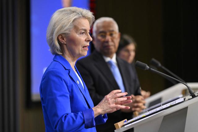 The president of the European Commission Ursula von der Leyen speaks as the president of the European Council Antonio Costa looks on at a press conference during the EU Summit at the EU headquarters in Brussels, on March 19, 2026. European Union leaders meet in the context of the US-Israeli war against Iran that is consuming the Middle East, and its consequences on energy prices and security. (Photo by JOHN THYS / AFP)