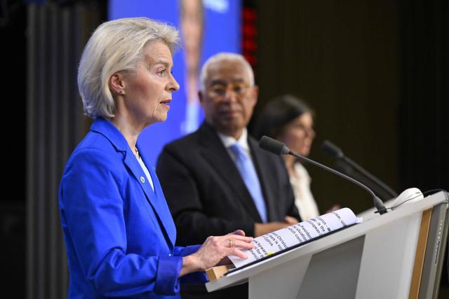 The president of the European Commission Ursula von der Leyen speaks as the president of the European Council Antonio Costa looks on at a press conference during the EU Summit at the EU headquarters in Brussels, on March 19, 2026. European Union leaders meet in the context of the US-Israeli war against Iran that is consuming the Middle East, and its consequences on energy prices and security. (Photo by JOHN THYS / AFP)