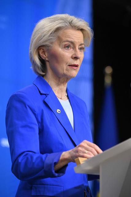 The president of the European Commission Ursula von der Leyen speaks at a press conference during the EU Summit at the EU headquarters in Brussels, on March 19, 2026. European Union leaders meet in the context of the US-Israeli war against Iran that is consuming the Middle East, and its consequences on energy prices and security. (Photo by JOHN THYS / AFP)