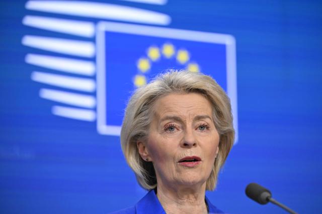 The president of the European Commission Ursula von der Leyen speaks at a press conference during the EU Summit at the EU headquarters in Brussels, on March 19, 2026. European Union leaders meet in the context of the US-Israeli war against Iran that is consuming the Middle East, and its consequences on energy prices and security. (Photo by JOHN THYS / AFP)