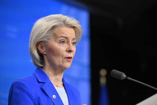 The president of the European Commission Ursula von der Leyen speaks at a press conference during the EU Summit at the EU headquarters in Brussels, on March 19, 2026. European Union leaders meet in the context of the US-Israeli war against Iran that is consuming the Middle East, and its consequences on energy prices and security. (Photo by JOHN THYS / AFP)