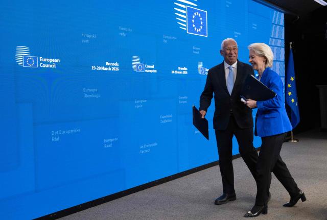 The president of the European Commission Ursula von der Leyen (R) and the president of the European Council Antonio Costa leave after a press conference during the EU Summit at the EU headquarters in Brussels, on March 19, 2026. European Union leaders meet in the context of the US-Israeli war against Iran that is consuming the Middle East, and its consequences on energy prices and security. (Photo by JOHN THYS / AFP)