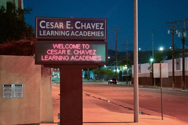 The Cesar E. Chavez Learning Academy is seen in San Fernando, California, on March 19, 2026. US civil rights icon Cesar Chavez, whose decades of campaigning brought profound and lasting changes to workers' rights, was a serial rapist who abused children and harassed women in the movement he led, a bombshell  New York Times investigation said March 18.
Over years in which the charismatic Chavez galvanised farmworkers, winning reforms for a marginalised group and global recognition for himself, he was also molesting youngsters and coercing women into sexual relationships. (Photo by Frederic J. Brown / AFP)