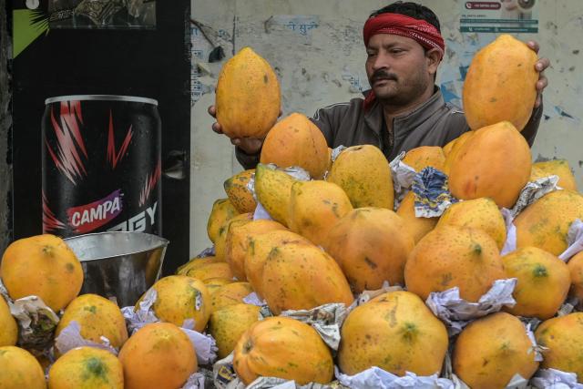 A fruit vendor arranges papayas onto his cart along a street in Amritsar on March 20, 2026. (Photo by Narinder NANU / AFP)