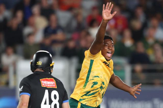 South Africa's Lutho Sipamla appeals for a wicket during the third Twenty20 international cricket match between New Zealand and South Africa at Eden Park in Auckland on March 20, 2026. (Photo by Michael Bradley / AFP)