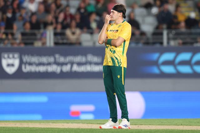 South Africa's Gerald Coetzee reacts after bowling during the third Twenty20 international cricket match between New Zealand and South Africa at Eden Park in Auckland on March 20, 2026. (Photo by Michael Bradley / AFP)