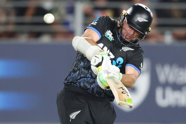 New Zealand’s Tom Latham bats during the third Twenty20 international cricket match between New Zealand and South Africa at Eden Park in Auckland on March 20, 2026. (Photo by Michael Bradley / AFP)
