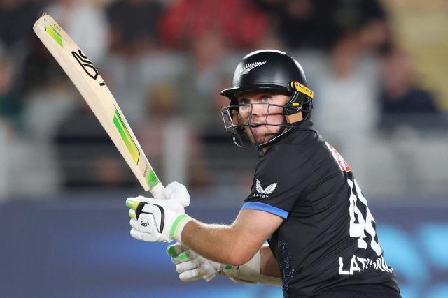 New Zealand’s Tom Latham bats during the third Twenty20 international cricket match between New Zealand and South Africa at Eden Park in Auckland on March 20, 2026. (Photo by Michael Bradley / AFP)