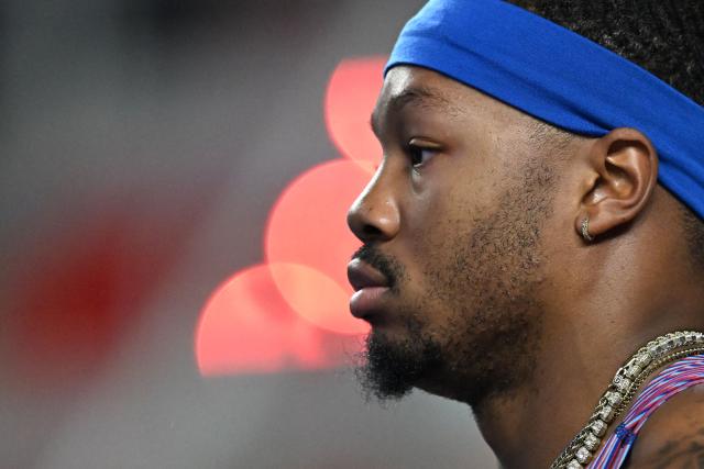 USA's Kyle Garland reacts ahead of competing in the men's heptathlon 60 metres heat 1 during the World Athletics Indoor Championships Kujawy Pomorze 2026 in Torun, Poland on March 20, 2026. (Photo by Kirill KUDRYAVTSEV / AFP)
