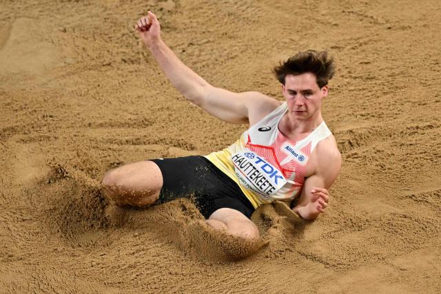 Belgium's Jente Hauttekeete competes in the men's heptathlon long jump event during the World Athletics Indoor Championships Kujawy Pomorze 2026 in Torun, Poland on March 20, 2026. (Photo by Andrej ISAKOVIC / AFP)