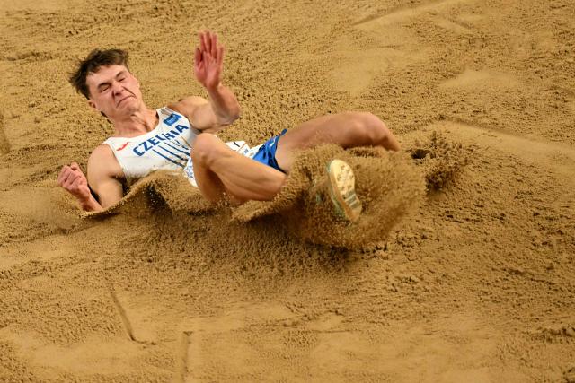 Czech Republic's Vilém Stráský competes in the men's heptathlon long jump event during the World Athletics Indoor Championships Kujawy Pomorze 2026 in Torun, Poland on March 20, 2026. (Photo by Andrej ISAKOVIC / AFP)